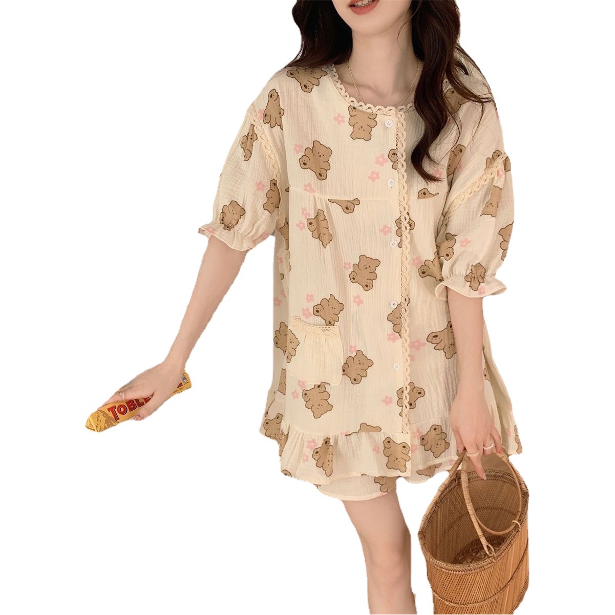 ins Korean Style Princess Style Summer Women's Pajamas Short-sleeved Floral Crewneck Sweet Student Loose Foam Home Clothes