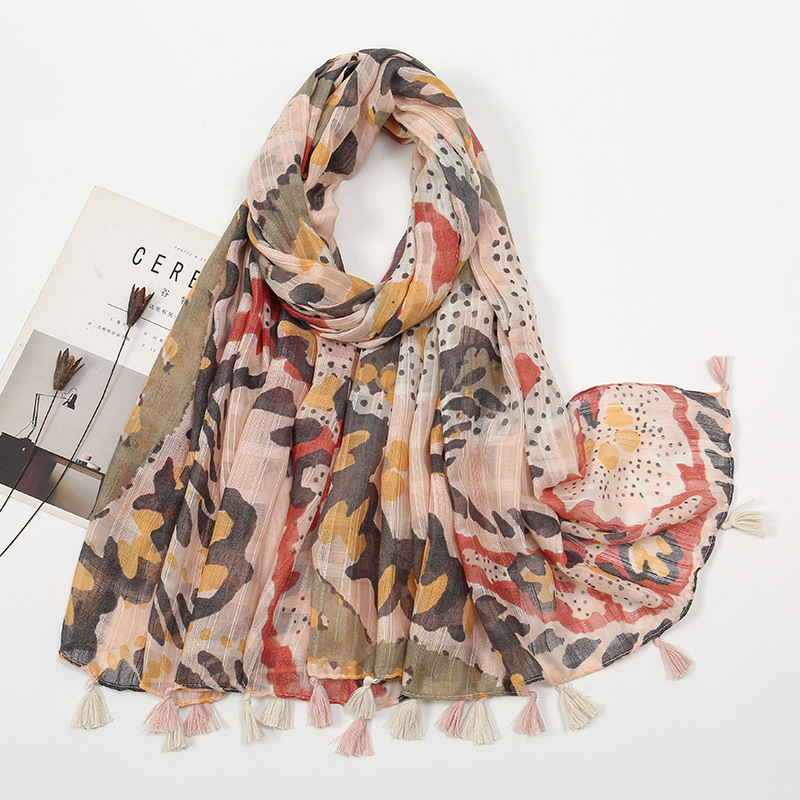 Picture of New Artistic Fresh Cotton and Linen Retro Tassel Scarf Women's Printed Beautiful Silk Scarf Japanese Sunscreen Shawl
