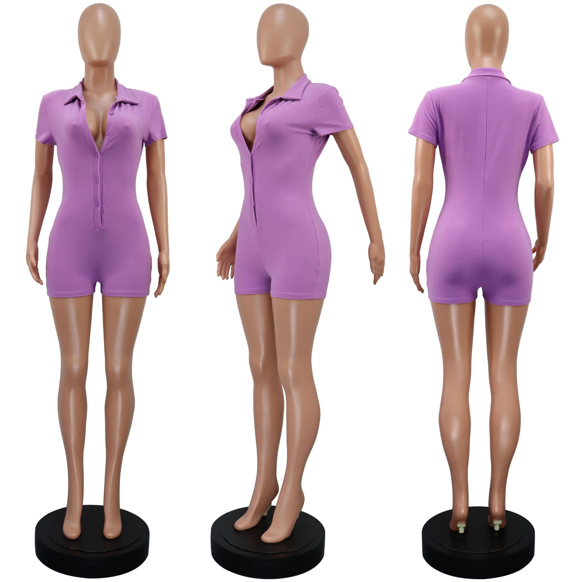 Picture of 2023 Amazon Spring and Summer Shorts European and American Hot Girl Women's Sexy Lapel Button Solid Color Hot Jumpsuit