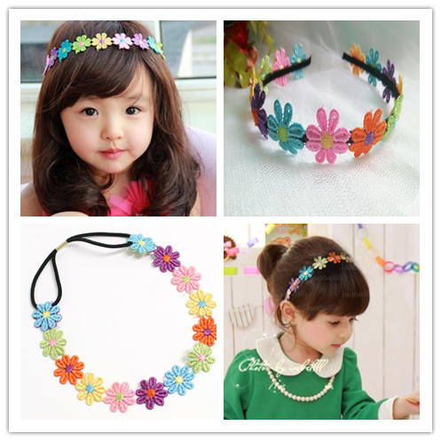 Korean Hot Selling Children Embroidered Flower Hair Band Hair Band Baby Rainbow Color Small Flower Hair Band Foreign Trade Hot Hair Accessories