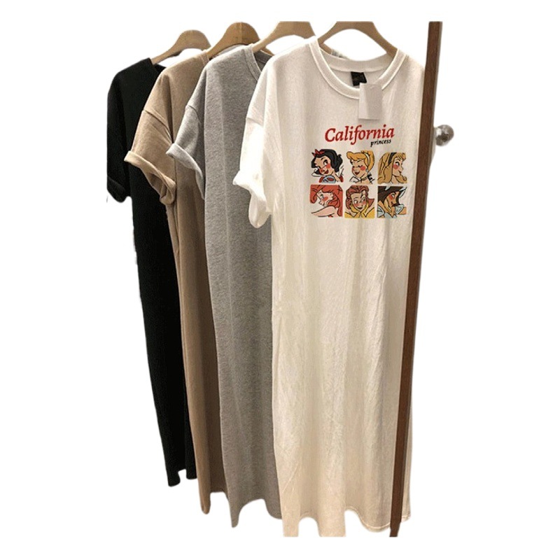 20252025 Summer New Cotton Cartoon Printed T-Shirt Dress Lazy Short-sleeved Over-the-Knee Long Dress for dress 2025