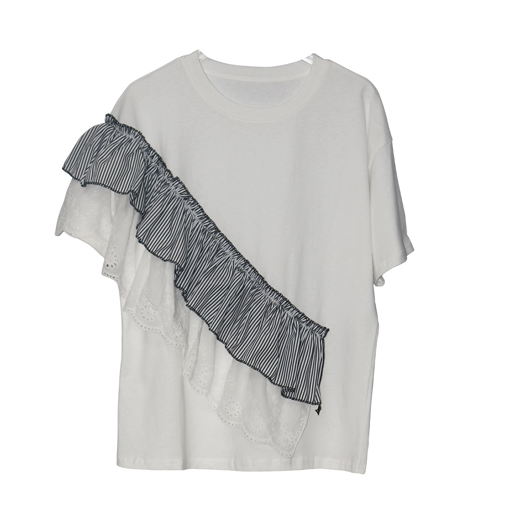 Picture of 240703 Summer New T-shirt Stitching Striped Lace Design Sense Niche All-match Unique Chic Tops