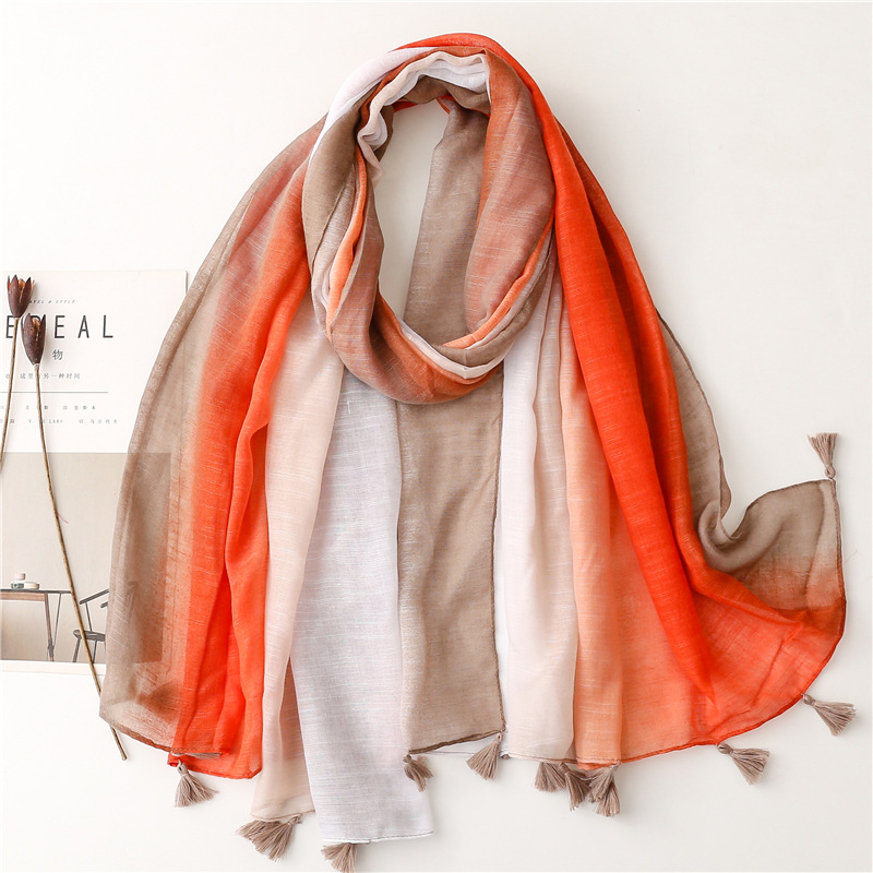 Japanese and Korean Style Sweet Lady Style Orange Gradient Cotton and Linen Scarf Silk Scarf Slub Yarn Tassel Travel Shawl Thin