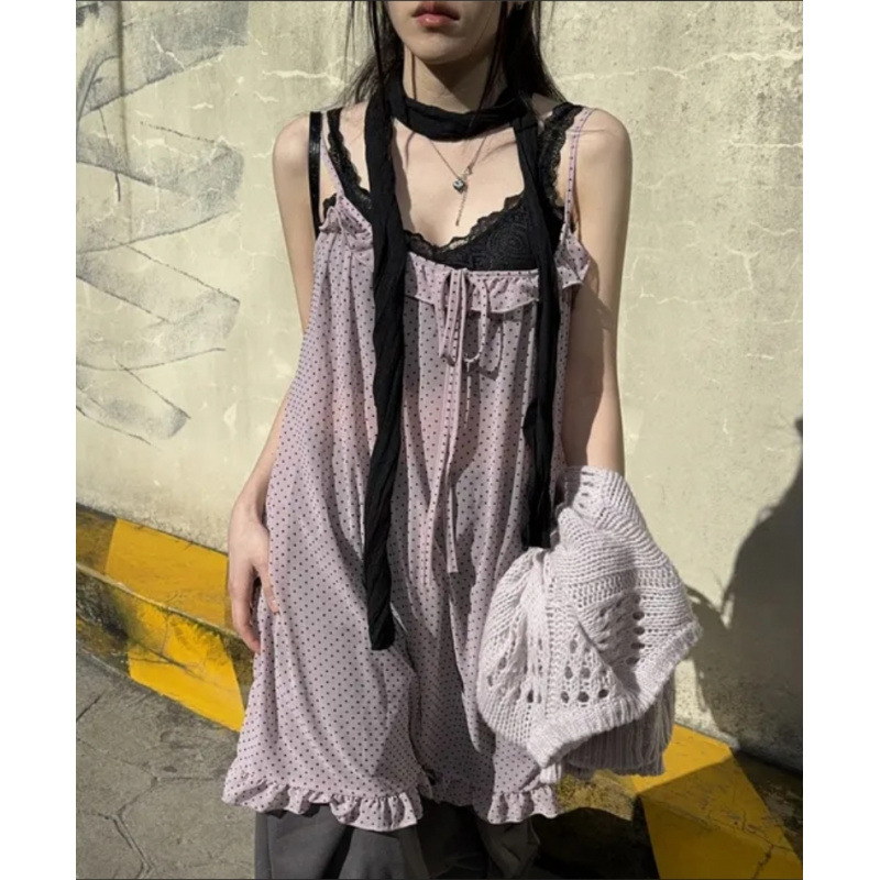 Picture of Three-Color Summer New Korean Ins Polka Dot Y2K Style Polka Dot Fungus Lace Suspender Chiffon Skirt Japanese Style Style Cute