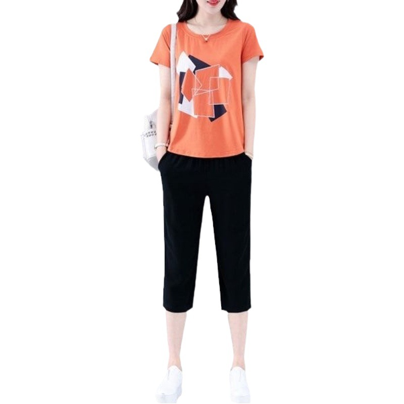 Summer plus size women's clothing chubby girl fashion slimming loose short-sleeved cropped pants suit sports two-piece suit fashion