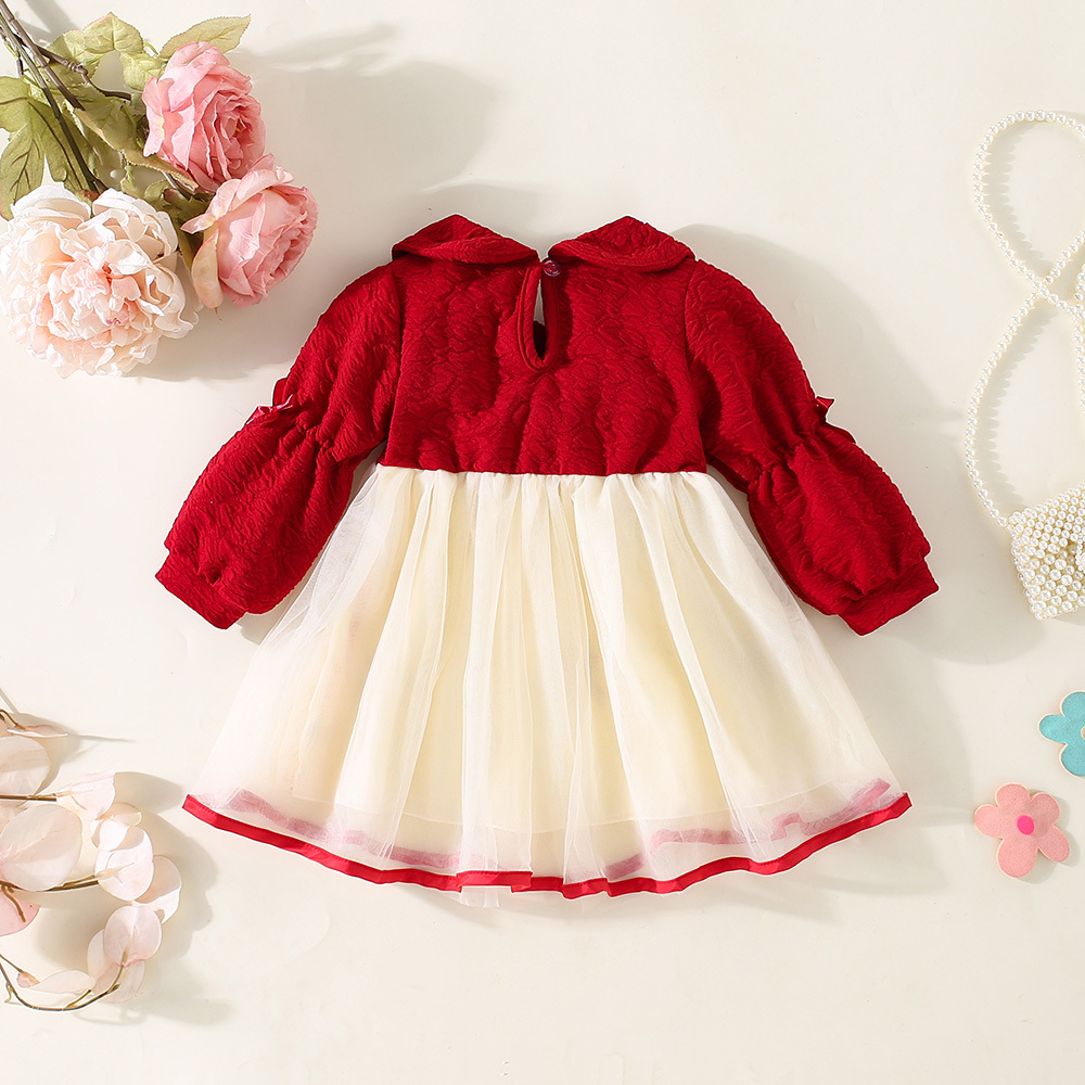 Picture of Spring and Autumn New Girls' Bow Mesh Long Sleeve dress Girls' Sweet Cute Red Spliced Dress