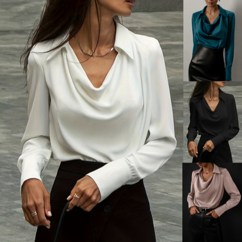 2024 Independent Station wish Amazon Explosions Autumn Temperament Solid Color Simple Swing Collar Women's Top Shirt for Women