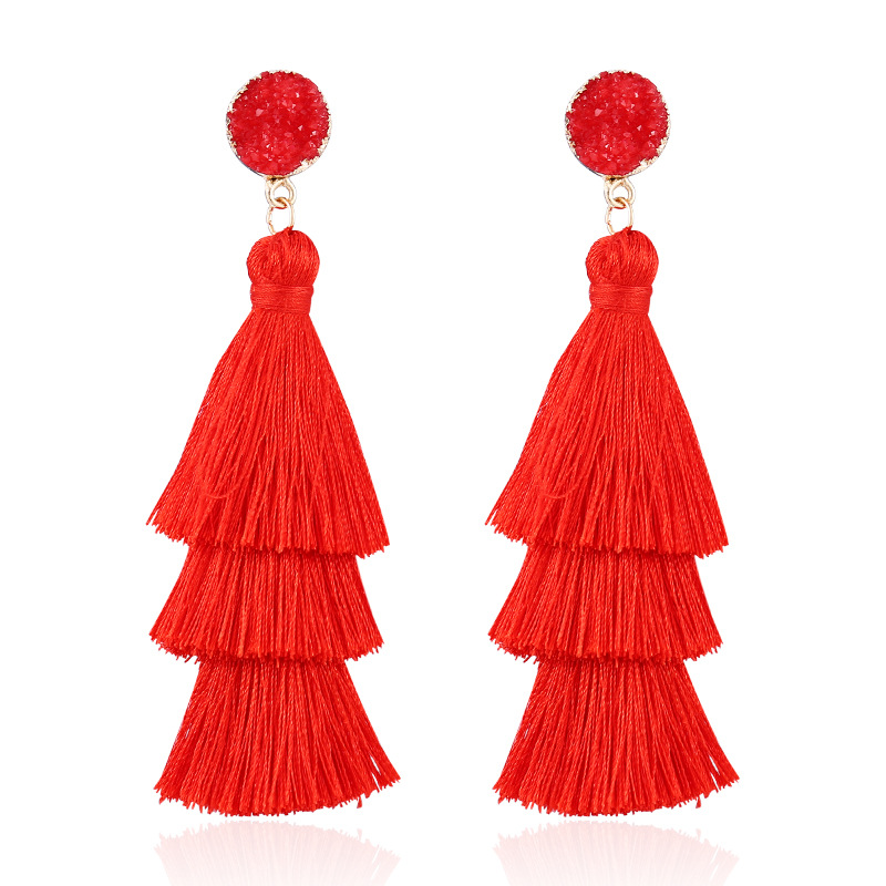 European and American Foreign Trade popular high-end fashion bohemian three-layer tassel earrings simple temperament exaggerated earrings for women