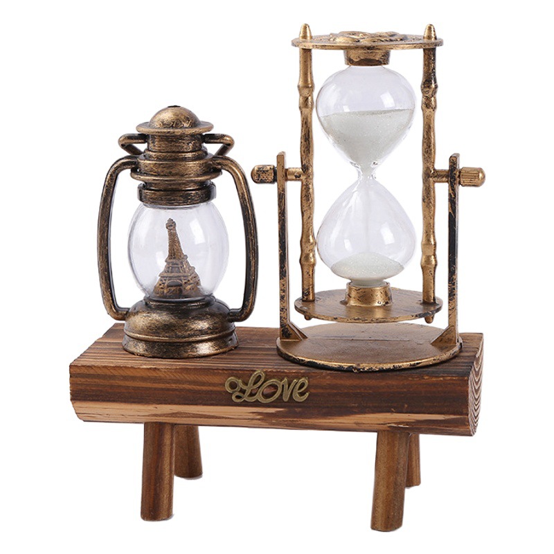 Retro Ornaments Lighthouse Hourglass Ornaments European Luminous Street Light Decoration Wooden Base Windmill Hourglass Ornaments