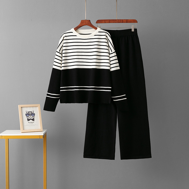 Picture of Cross-border Amazon Autumn and Winter New Foreign Trade Striped Knitted Two-piece Crewneck Sweater Loose Casual Fashion Pants