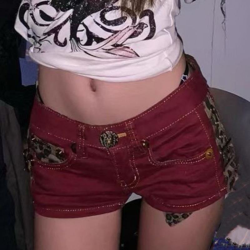 Maillard Style Hot Girls Low-rise Denim Shorts Internet Popular New Tight Hip Wash Leopard Print Denim Shorts Trendy
