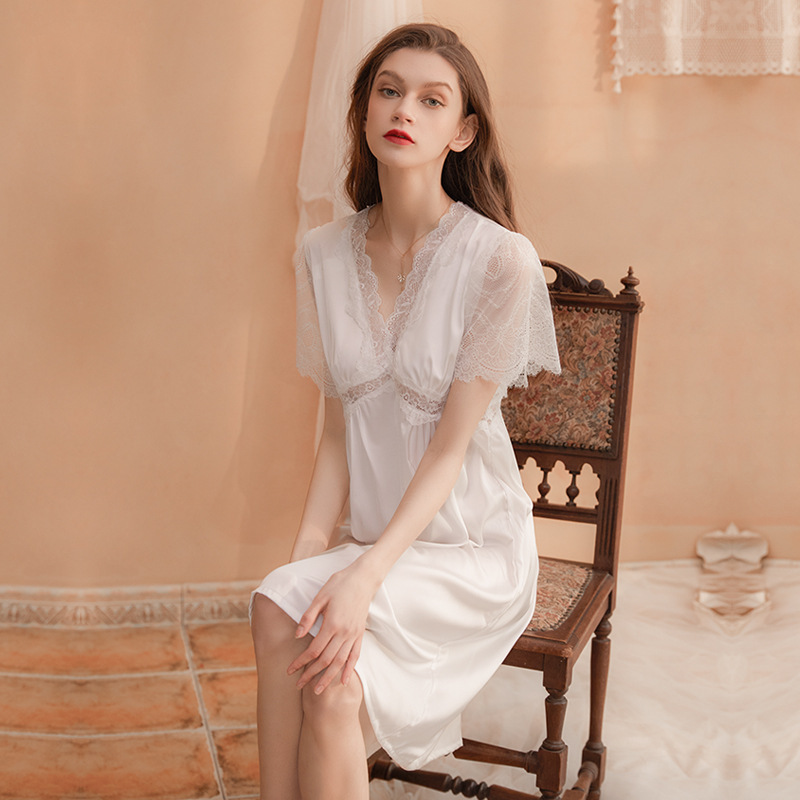 Nightgown for Women in Summer with Breast Pads, Sexy Lace Cut Out Dress, Pure Lust Style Ice Silk Cool Feeling Deep V Mid-Length Skirt