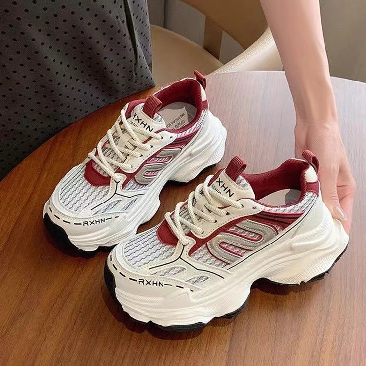 Thick-Soled Dad Shoes for Women 2025 New Spring and Summer Breathable Mesh Student Street Single Mesh Casual Red Sneakers