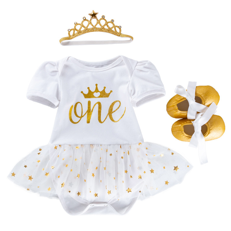 Picture of Amazon Children's Clothing Children's Dress Baby's Holiday White Dress Three-Piece Set Baby One-Year-Old Dress Pouchsuit Set