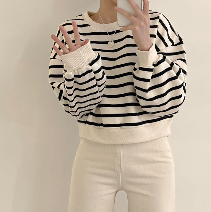 Picture of 3 Color Striped Sweater Women's 2023 New Short Women's Loose Autumn and Winter Thickened Fleece-Lined Top Thin Korean Style