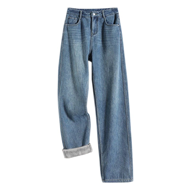 Fleece-lined straight jeans women's autumn and winter thickened trousers high waist pear-shaped warm mopping pants narrow wide-leg pants