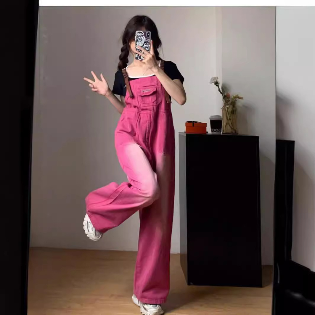 2024 New Retro Color Pitaya Red Jeans Overalls Women's Summer Loose Jumpsuit Straight Wide Leg