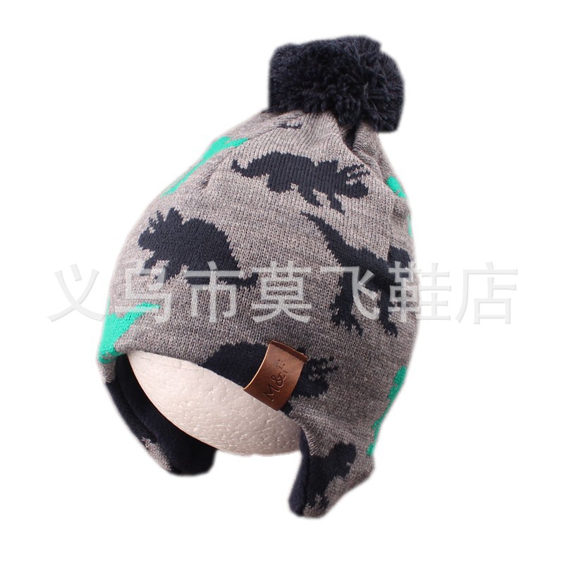 Children's Hat Autumn and Winter Boys' Ear Protection Hat Comfortable and Warm Dinosaur Pullover Cap Fleece-Lined Wool Hat for Boys and Girls