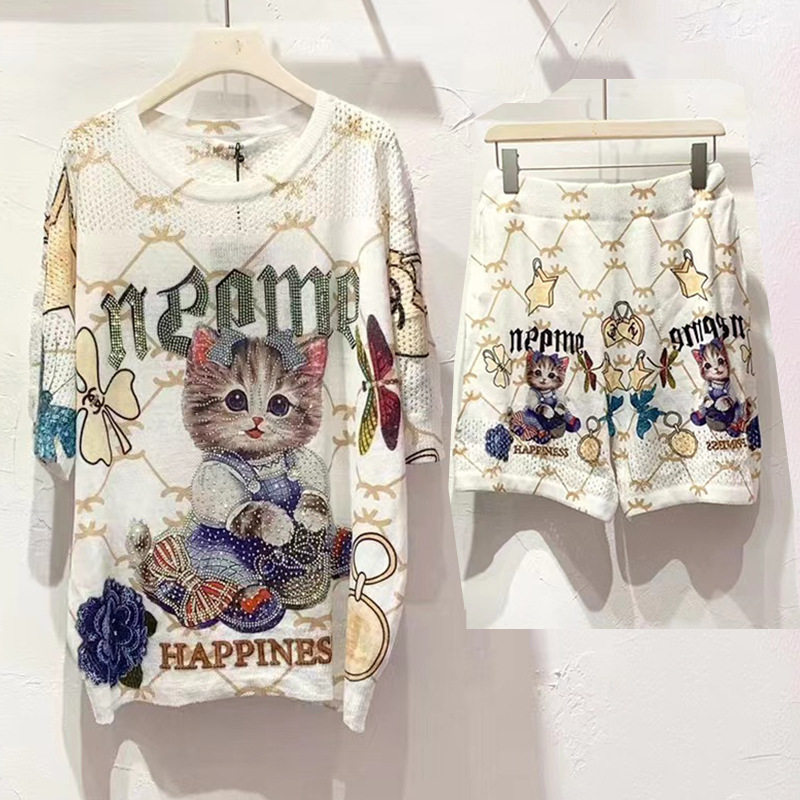 Short-Sleeved T-Shirt for Women 2025 Summer New Anime Printed Knitwear Loose Hot Diamond Printed Fashionable Top