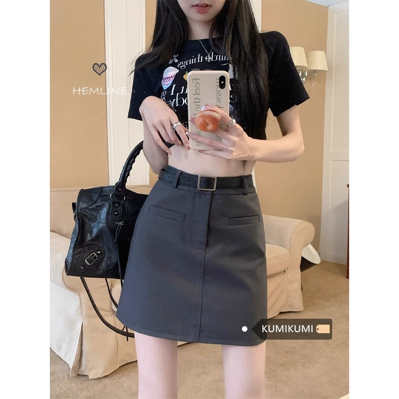 Grey High Waist Suit Skirt Women's Summer 2024 New College Style Spice Girl All-match A- line Hip Half-length Skirt
