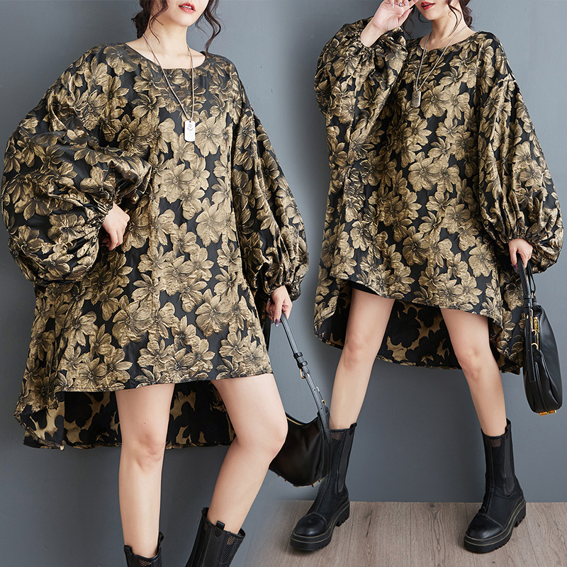 plus size Women's 2024 Autumn New Loose Large Edition Fashion Gorgeous Three-dimensional Jacquard Puff Sleeve Casual dress