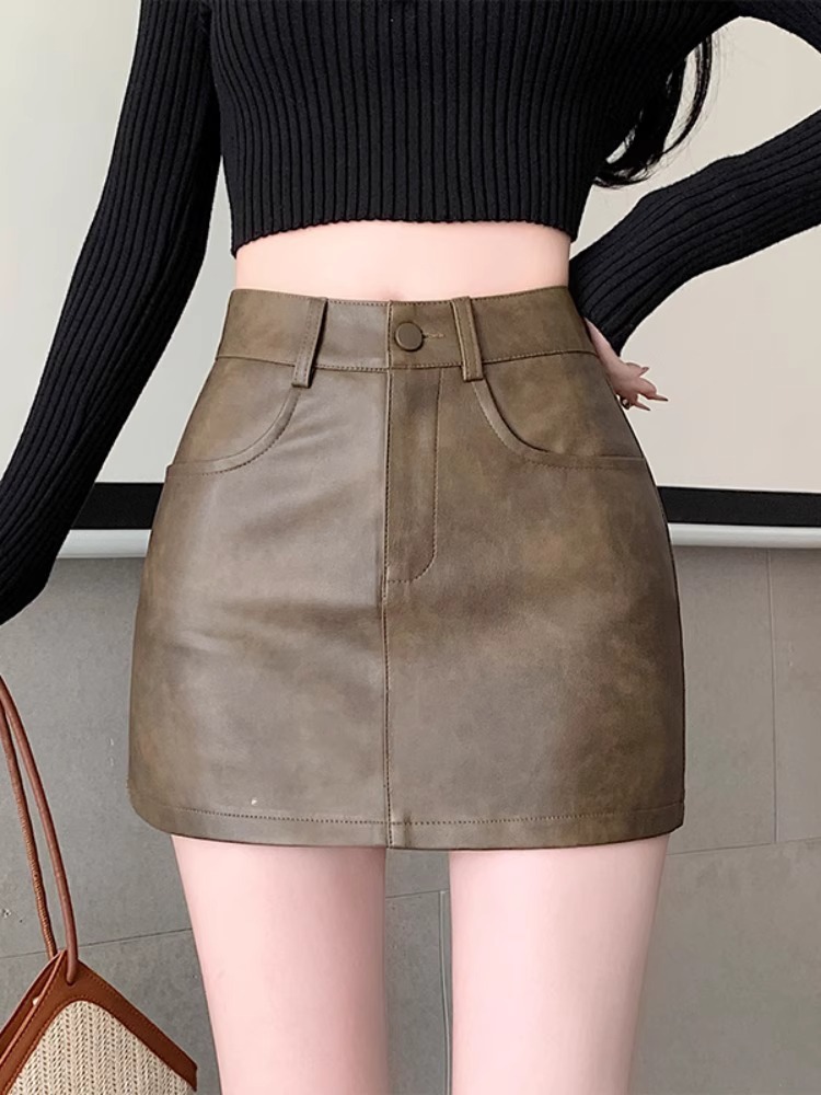 Vintage Spice Girl PU Leather Skirt Skirt Women's 2024 Autumn and Winter New High Waist Slimming Anti-running A- line Hip Skirt