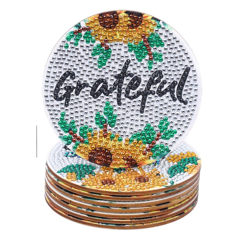 8 pieces DIY crystal glitter diamond painted wooden art coaster with stand landscape style