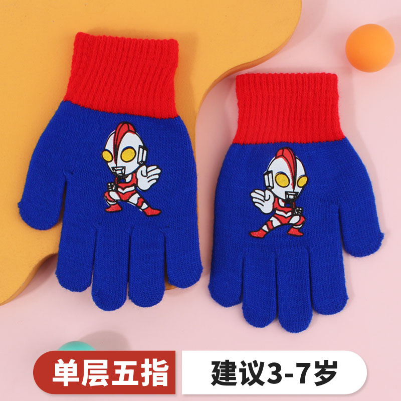 Picture of Children's Gloves Winter Warm Double Layer Boys' Cartoon Sub-finger Half-finger Baby Five-finger Writing Two-piece Set Anti-freezing Hand