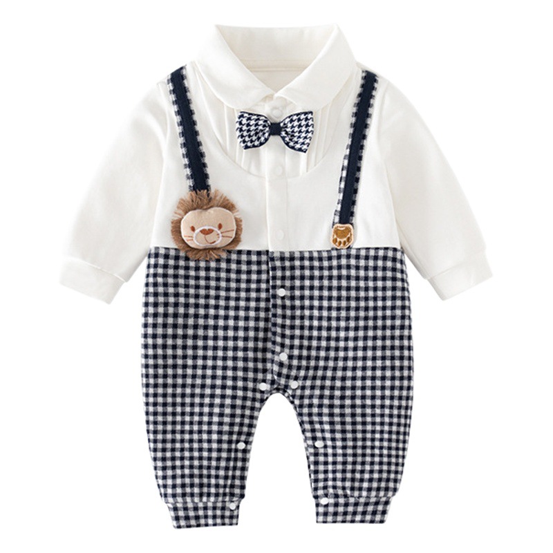 Four Seasons Siamese Plaid Little Lion Front Open Baby Jumpsuit Newborn Baby Clothes Class A