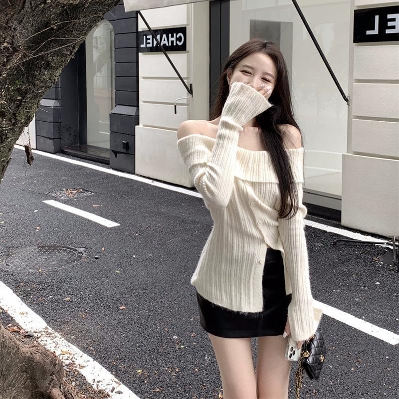 Pure Desire Shoulder Split Knit Sweater Women's 2024 Spring and Autumn New Design Sense Slim-fit Slimming Spice Girl Sweater Top