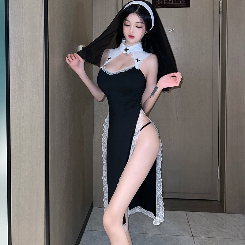 Punishment nun pure desire sexy cos slimming dress nightclub high slit sexy lace dress 924