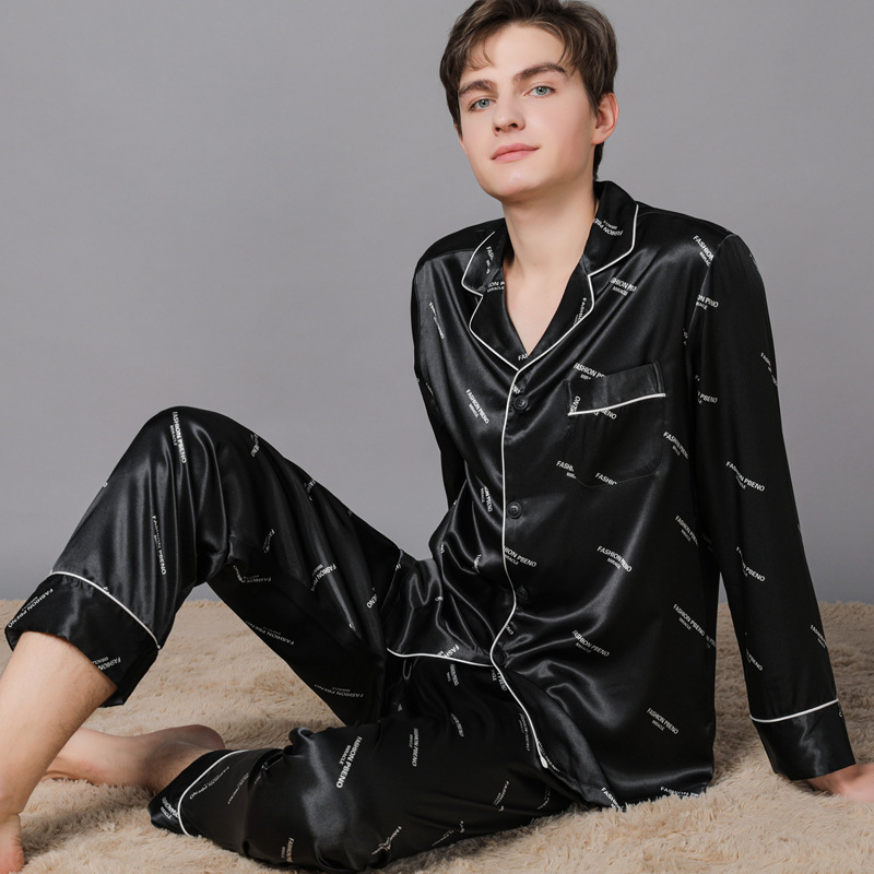 2024 Men's Pajamas Summer Long Sleeve Silk Suit Men's Silk Home Clothes Spring and Autumn Ice Silk Print Thin Wholesale