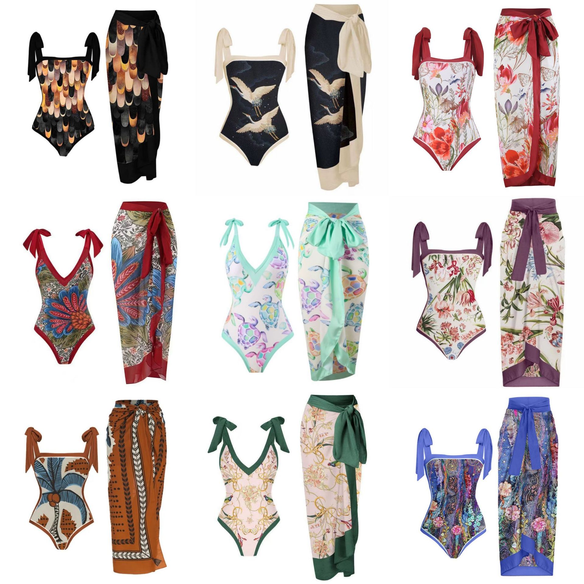 2024 European and American Fashion New Sexy One-piece Bikini Shoulder Backless Sun Protection Beach Long Dress Hot Spring Swimsuit Women
