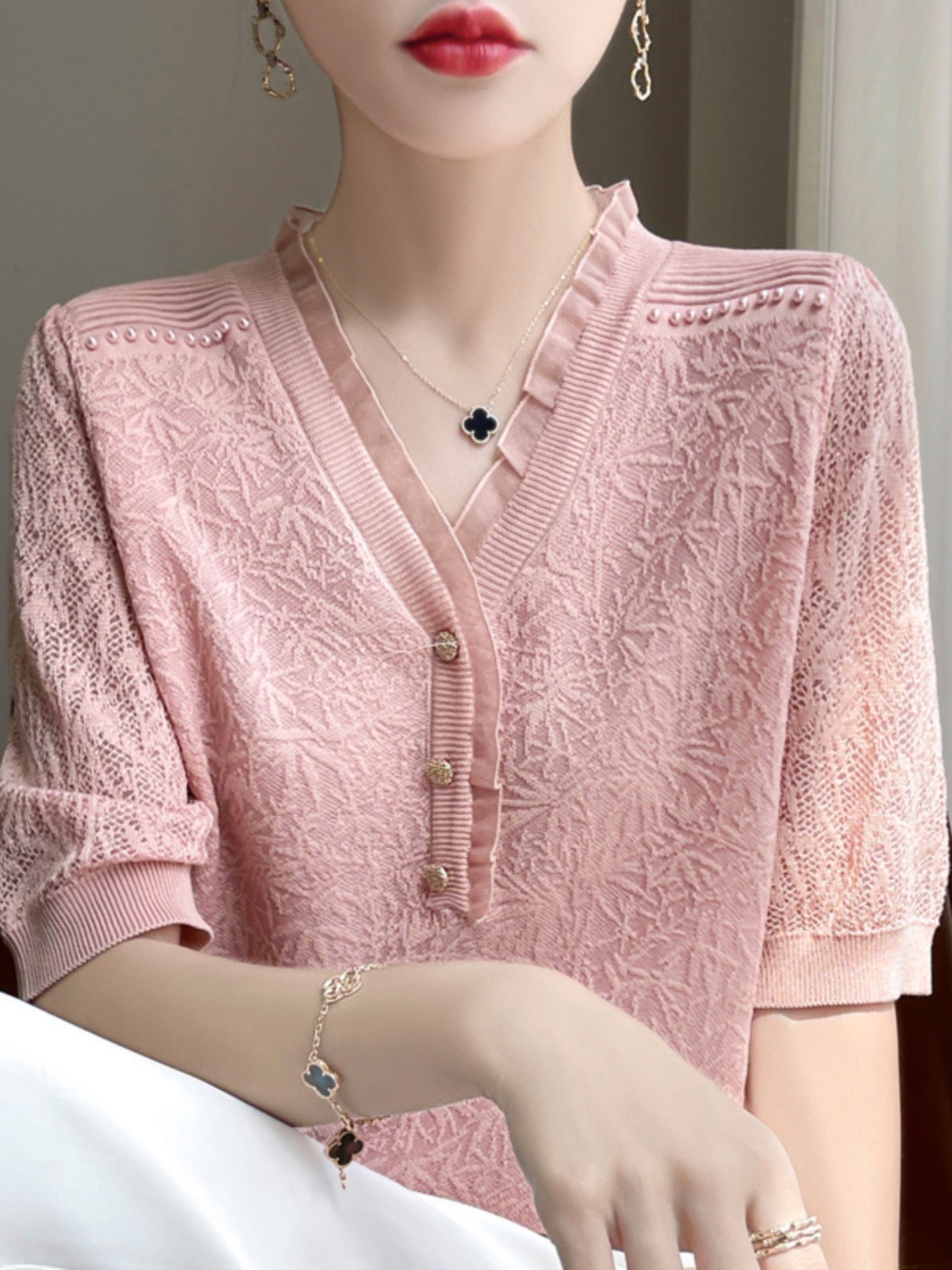 Picture of French Crochet Cut Out V Neck Beading Design Ice Silk Knitted Short-Sleeved T-Shirt for Women Casual Loose Versatile Top