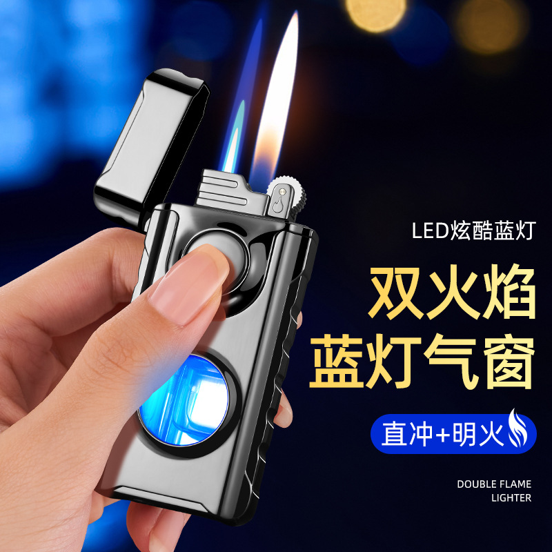Picture of New double-Fire direct charge and open fire random switch lighter creative perspective air window with blue light inflatable lighter