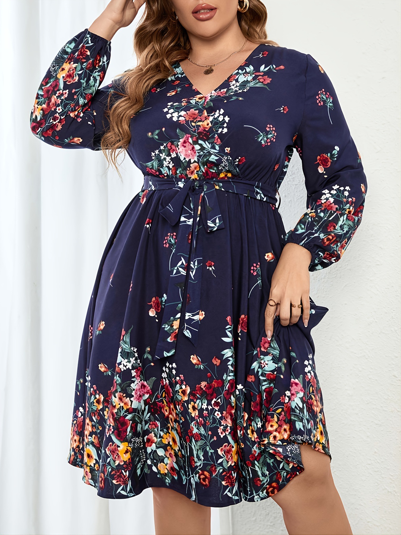 Cross-border Europe and America Amazon plus size Women's Printed Waist Long-sleeved dress