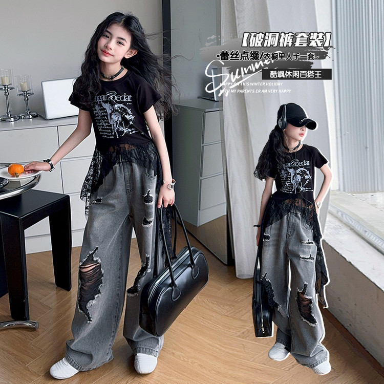 Girls' 2025 New Stylish Summer Casual Fashion Lace T-shirt Ripped Black Yarn Jeans Trendy suit