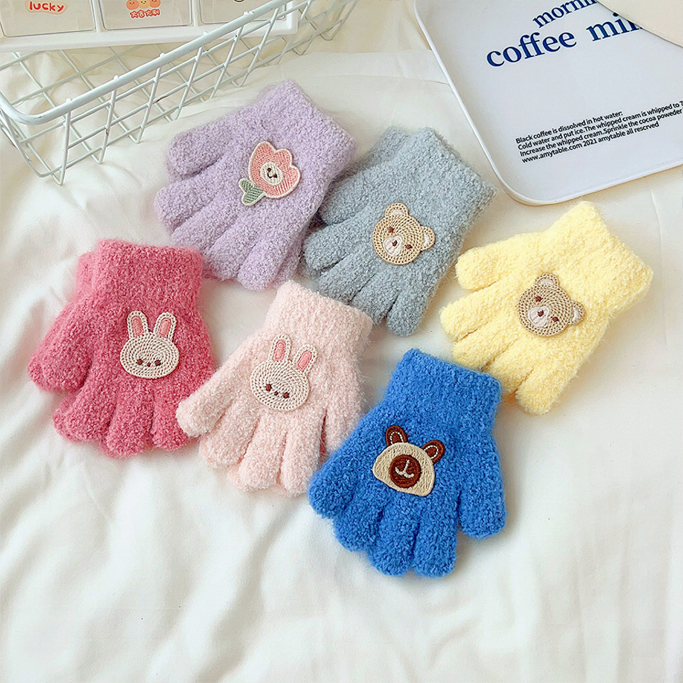 Picture of Korean cartoon children's warm gloves winter cold-proof granular velvet cute boys and girls knitted five fingers 1-3