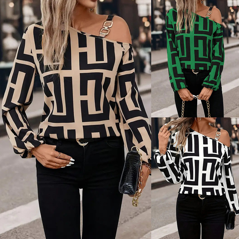 Cross-border Foreign Trade European and American Women's Clothing Amazon Spring and Autumn Fashion Geometric Printing All-match Long Sleeve One-word Collar Pullover Top