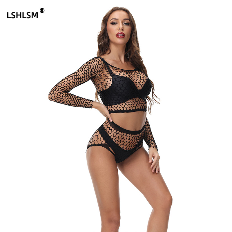 European and American sexy lingerie one-piece hollow large net black women's multi-color jumpsuit mesh suit sexy tight mesh