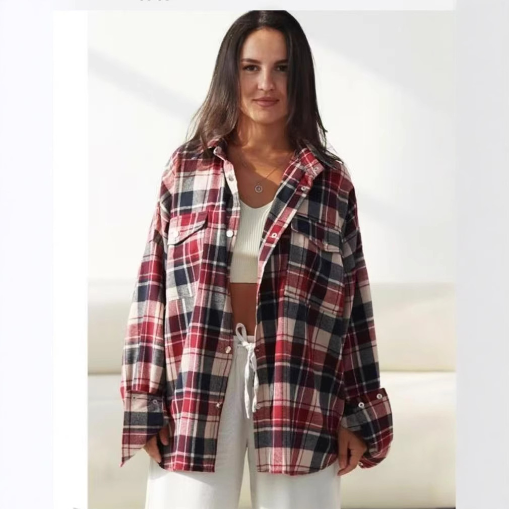 2024 Amazon Retro Plaid Shirt Jacket Women's Design Niche Loose Flap Pocket Pants Long-Sleeved Top Versatile