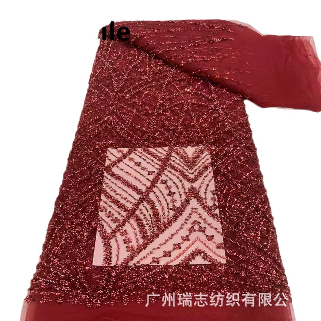 Picture of Chain line flower bead embroidery fabric European and American stereo sequins embroidery dress lace French lace