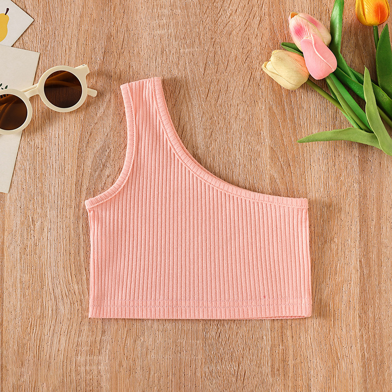 Picture of Cross-border Children's Wear Girl's Summer Vest 2024 New Foreign Trade Girl's Slant Shoulder Irregular Strap Hundred Tower Top