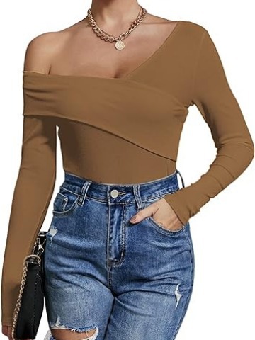 Amazon AliExpress European and American Women's Sexy Shoulder Top Long Sleeve Cross Wrap Stretch Knitted T-Shirt Shirt