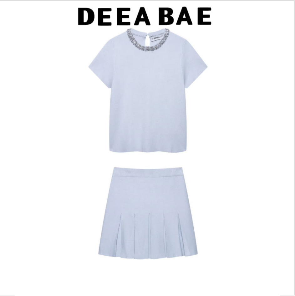 DEEABAE Women's Jewelry Short Sleeve Knitted Top Wide Pleated Knitted Mini Skirt 5755039 5755040