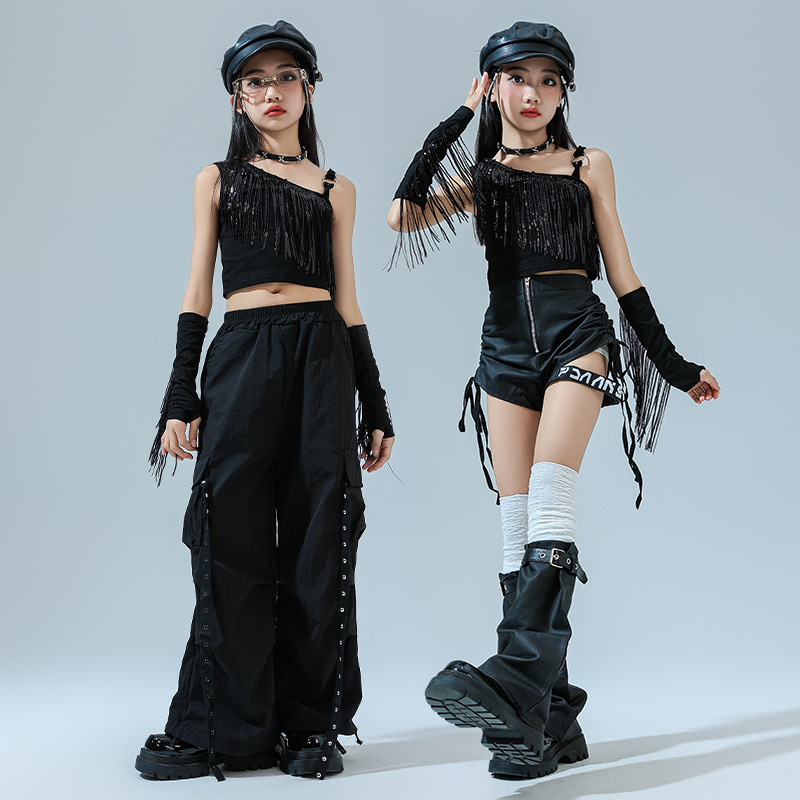 Girls' Jazz Dance Costume Trendy Cool Fashionable Girls Black Tassel Navel Sling suit Children's Street Dance Trendy Clothing for Women
