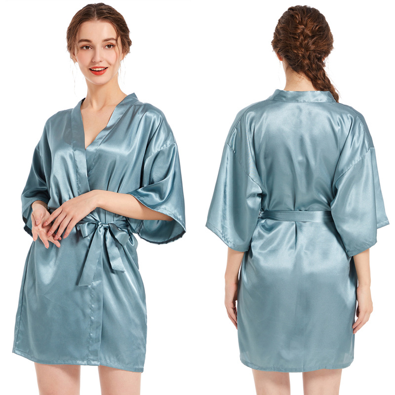 Picture of Amazon Cross-border Women's Twisted Sade Nightgown Bathrobe Solid Color Glow Summer Thin Sexy Short Cardigan Gown
