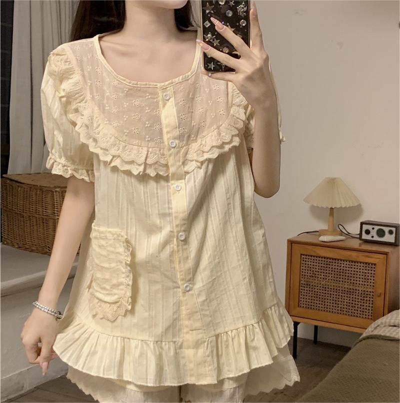 Summer New Lace Lace Short-sleeved Nightgown Sweet Princess Style Outwear All Cotton Pajamas Set Women