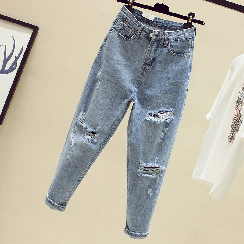 Picture of Light Color Jeans Women's Ripped Loose Straight Pants Spring and Summer New High Waist Harem Pants Slimming Cropped Pants