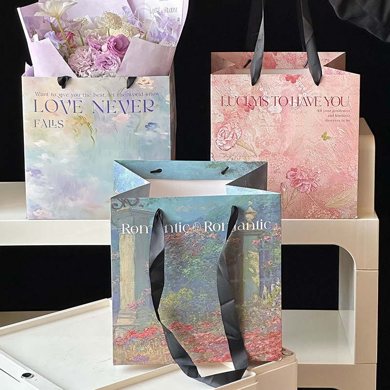 New Oil Painting Style Handbag Square Flower Bag Flower Bouquet Gift Gift Handbag Bouquet Bag